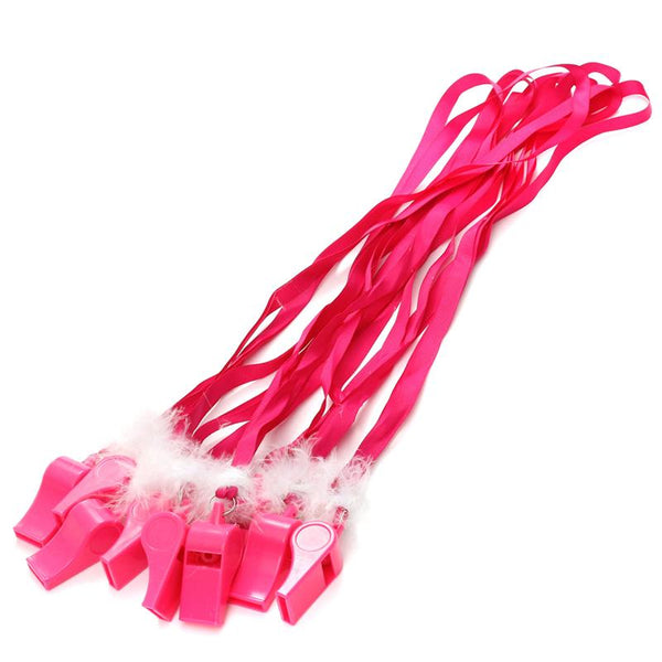 10pcs Hot Pink Hen Party Fluffy Whistles with Strap